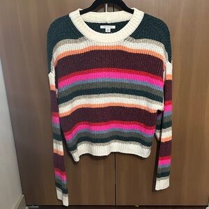 American Eagle Striped Crewneck Sweater in Cream, Burgundy, Pink, Green, Orange